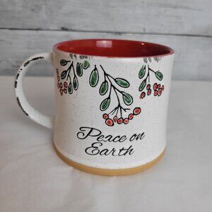 Peace on Earth Stoneware Mug mistletoe berries etched hand-painted Christmas cup
